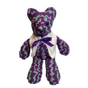 Handmade BBFF Bear Stuffed Animal  Purple & Green Fabric With Crochet Vest